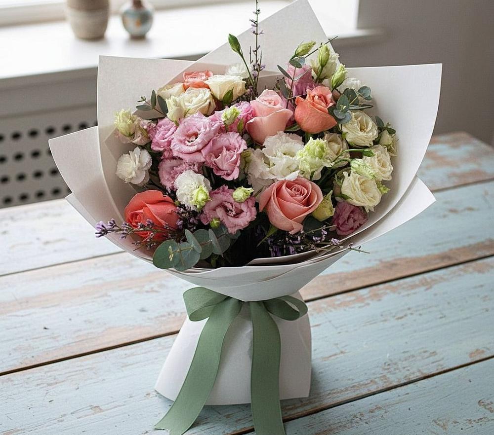 Букет цветов из: Розы, Лизиантусы и Гвоздики в Льгове